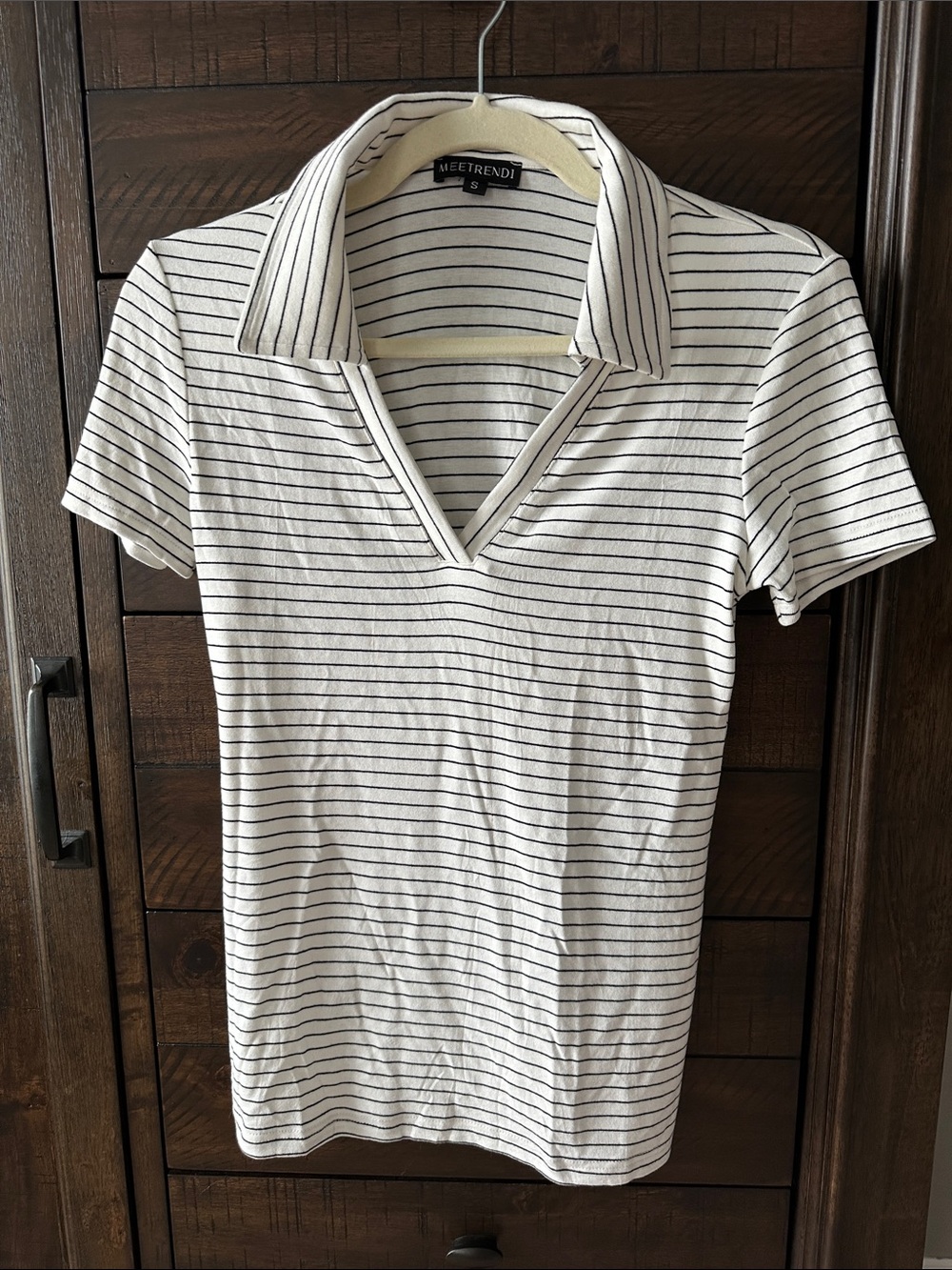 Striped V-Neck Polo Tee in White with Black Stripes